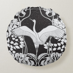 Cojín Redondo Art Nouveau: Ilustracion de aves florales