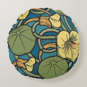 Cojín Redondo Art Nouveau Nasturtium Azul Dorado floral Verneuil
