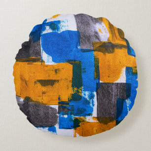 Cojín Redondo Arte abstracto azul, naranja y gris