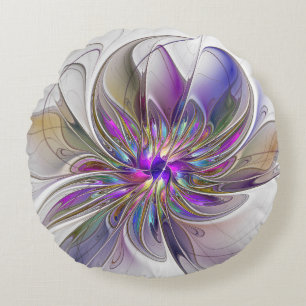 Cojín Redondo Arte abstracto fractal de flores enérgico y colori