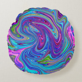 Cojín Redondo Arte abstracto retro groovy azul, rosa y púrpura