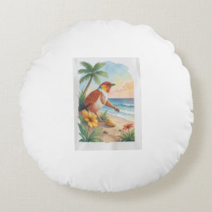 Cojín Redondo Arte Acuarela de Ave de Playa Tropical