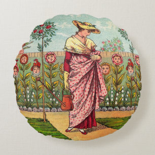 Cojín Redondo Arte Antiguo Mujer Flor Creciente Jardín