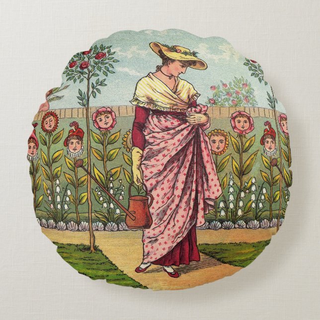 Cojín Redondo Arte Antiguo Mujer Flor Creciente Jardín (Anverso)