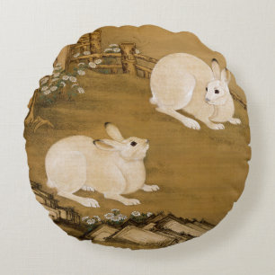 Cojín Redondo Arte Chino Antiguo Pintura de Dos Conejos Blancos