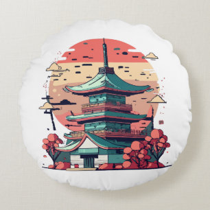 Cojín Redondo Arte colorido de edificios de Japón