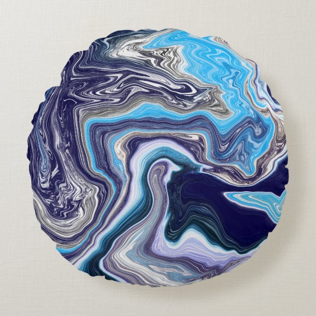 Cojín Redondo Arte con fluido de mármol azul (Anverso)