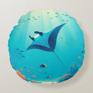 Cojín Redondo Arte costero clásico de manta raya