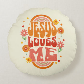 Cojín Redondo Arte cristiano retro “Jesús me ama” – Fe Groovy