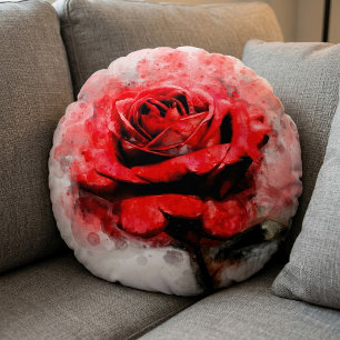 Cojín Redondo Arte de Acuarela de Rosa Roja sobre Fondo Blanco