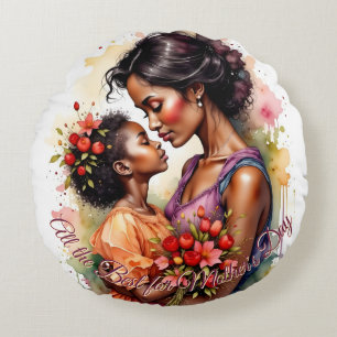 Cojín Redondo Arte de amor del día de la madre en estilo acuarel