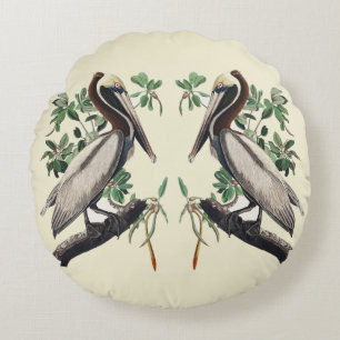Cojín Redondo Arte de Ave Costera Vintage Audubon Pelícano Pardo