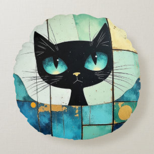 Cojín Redondo Arte de bloques de gato negro