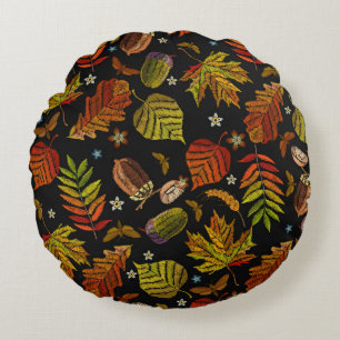 Cojín Redondo Arte de bordado. Patrón de otoño sin fisuras. Hoja