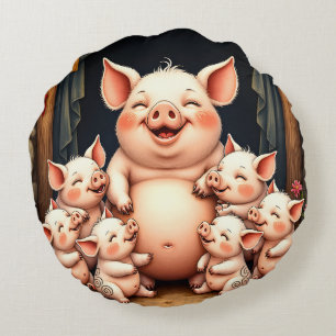 Cojín Redondo Arte de cerdos – Madre y lechones