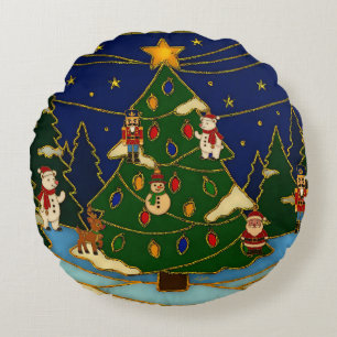 Cojín Redondo Arte de cloisonne Bosque Caprichoso Navidad Clásic