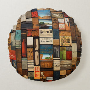 Cojín Redondo Arte de Collage de Tipografía de Libro y Letrero R