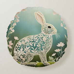 Cojín Redondo Arte de conejo floral blanco de primavera