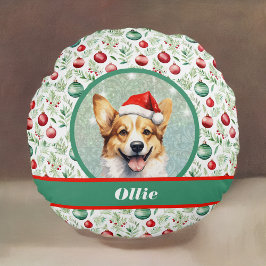 Cojín Redondo Arte de Corgi con patrón de Sombrero Santa y Navid