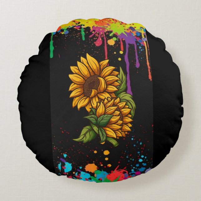 Cojín Redondo Arte de dibujo de girasoles, amor de girasoles (Anverso)