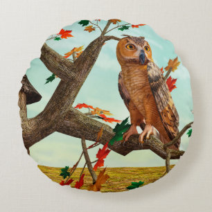 Cojín Redondo Arte de fauna del arce de búho de otoño