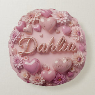 Cojín Redondo Arte de flor de dalia pastel con corazones
