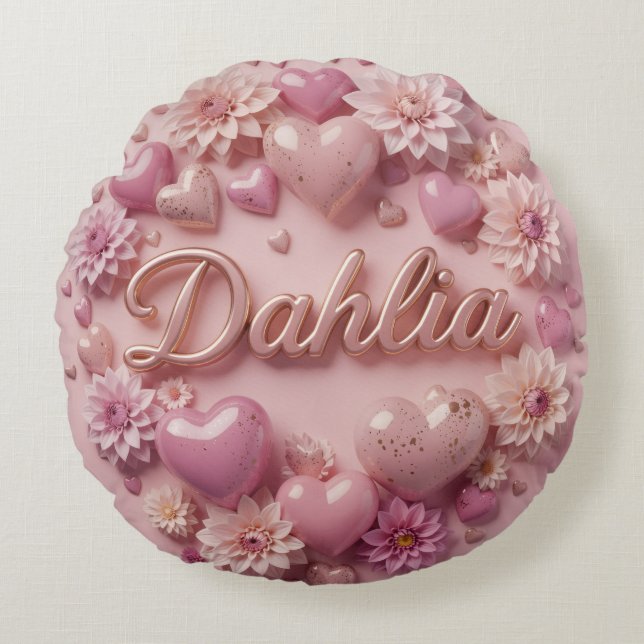 Cojín Redondo Arte de flor de dalia pastel con corazones (Anverso)