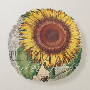 Cojín Redondo Arte de Flor de Damasco Vintage Girasol