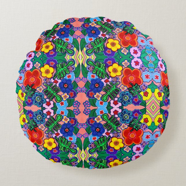 Cojín Redondo Arte de flores luminosas abstractas (Anverso)