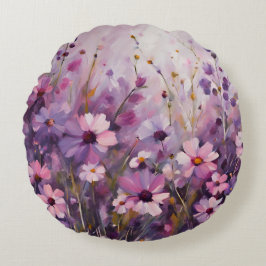 Cojín Redondo Arte de flores púrpura y rosa
