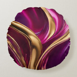 Cojín Redondo Arte de flujo abstracto -Fucsia púrpura y dorado-