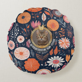 Cojín Redondo Arte de gato real oscuro floral aristócrata patrón