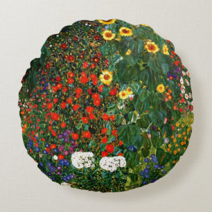Cojín Redondo Arte de Gustav Klimt - Jardín de granja con giraso