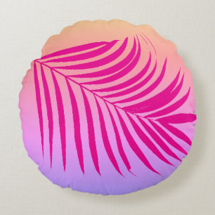 Cojín Redondo Arte de hoja de palma tropical rosa naranja regalo