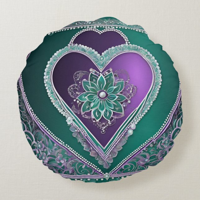 Cojín Redondo Arte de IA Shiny Minty Heart (Reverso)