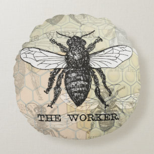 Cojín Redondo Arte de ilustración vintage de abeja trabajadora