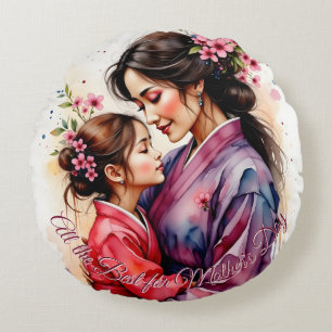 Cojín Redondo Arte de kimono del Día de la Madre con abrazo flor
