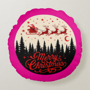 Cojín Redondo Arte de la escena navideña de Santa Claus Sleigh M