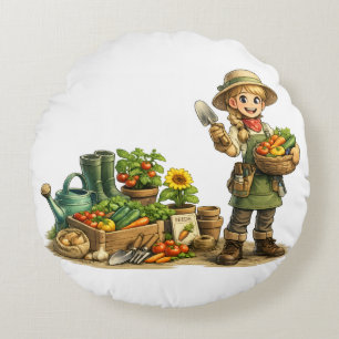 Cojín Redondo Arte de linda niña jardinera cosechando verduras