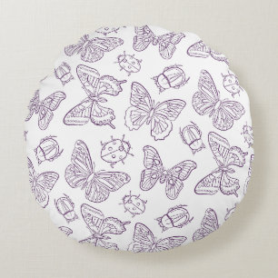 Cojín Redondo Arte de línea de mariposa y escarabajo de jardín i