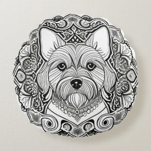 Cojín Redondo Arte de línea detallada de perro