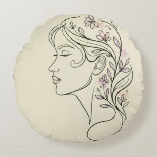 Cojín Redondo Arte de línea floral femenina elegante