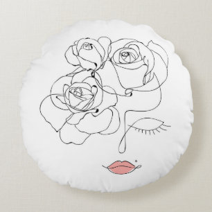 Cojín Redondo Arte de línea floral: Mujer mínima.