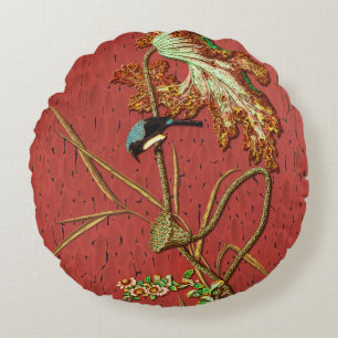 Cojín Redondo Arte de Loto de Pájaro Japonés Rojo Antiguo G.A. A