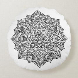 Cojín Redondo Arte de Mandala de Línea Negra Intrincada