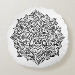 Cojín Redondo Arte de Mandala de Línea Negra Intrincada