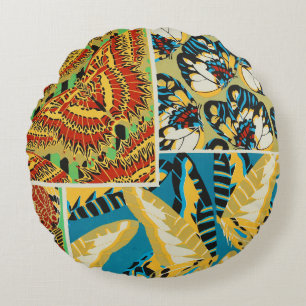 Cojín Redondo Arte de Mariposa Art Déco Amarillo y Turquesa Vibr