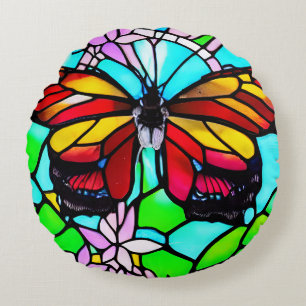 Cojín Redondo Arte de mariposa de vidrio emplomado