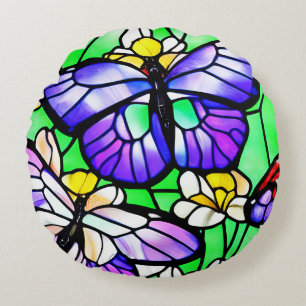 Cojín Redondo Arte de mariposa de vidrio emplomado