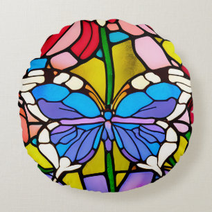 Cojín Redondo Arte de mariposa de vidrio emplomado